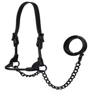 Noir Minuit Tout Noir Premium Rond Roulé En Cuir Bovin Show Halter Avec Chaîne Assortie Plomb pliant saisonnier intelligent - Product Image 4