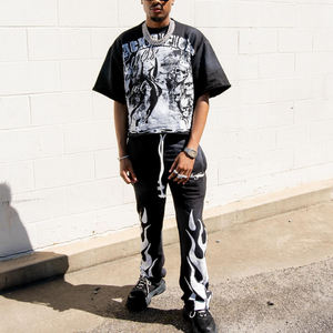 เสื้อยืดแขนสั้นผ้าบ็อกซี่พิมพ์ลายซีดและกางเกงขาบานสำหรับผู้ชายชุดซักด้วยกรดออกแบบได้ตามต้องการ - Product Image 3