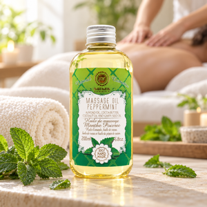 Huile de massage à la menthe poivrée 200 ml, huile corporelle rafraîchissante avec des huiles d'amande, de noix de coco et de pépins de raisin pour massage professionnel en spa et pour une peau douce et soyeuse - Product Image 1