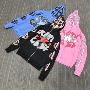 Sudadera con capucha y cremallera para hombre, estilo vintage, con apliques bordados, efecto desgastado, lavado ácido, bajo sin rematar, corta, 100% algodón, tejido de rizo. - Product Image 4