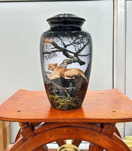 Handcrafted Lioness Sitting Quietly Cremation Urn <b>for</b> Adult <b>Ashes</b> Completely Metal Crafted - Product Image 1