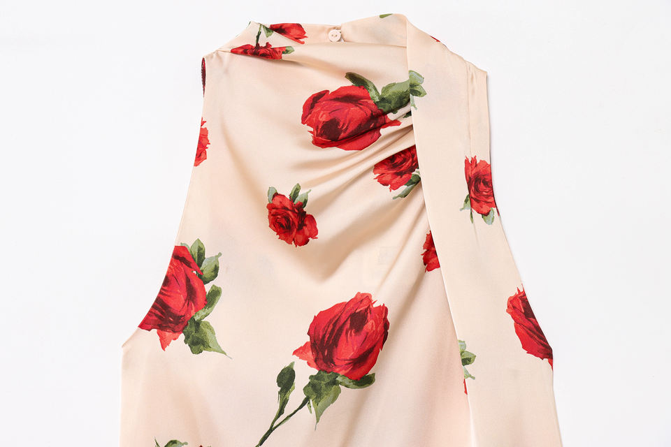 Wholesale Womens Floral Silk Elegant Rose Print Custom  Breathable Knitted Fabric  Decoration Short Length Casual
