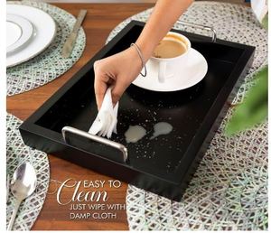 Bandeja DE SERVICIO DE MADERA rectangular de latón AK en color negro con mango de metal al mejor precio para decoración de hotel/Decoración de mesa - Product Image 3