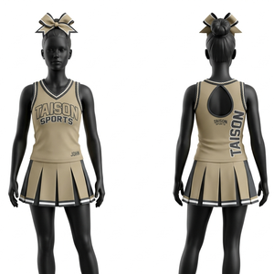 Uniforme de cheerleading en polyester et élasthanne 220 GSM, orange, avec panneaux chevron blancs et bleus, logo en twill. - Product Image 5