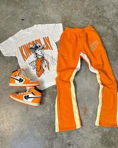 Conjunto de chándal Unisex personalizado de alta calidad, camisa de punto de algodón, pantalones acampanados, Joggers de patrón sólido de talla grande con diseño de impresión - Product Image 3