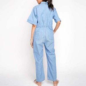 Mono de algodón 100% de verano transpirable informal liso con cuello levantado de manga corta de longitud completa de último diseño para mujer - Product Image 2