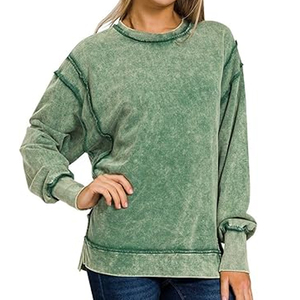 Sweat-shirt personnalisé vintage pour femme en coton/polyester polaire uni de haute qualité, avec logo brodé effet délavé soleil, col rond vieilli et fini acide - Product Image 2