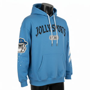 เสื้อฮู้ดผู้ชายผ้าคอตตอนผสมขนแกะหนานุ่ม 320 GSM สีน้ำเงิน สไตล์สตรีทแวร์ พิมพ์ลายพัฟฟ์ ปักโลโก้ เสื้อฮู้ดพื้นฐาน - Product Image 4