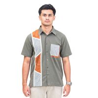 Camisas Casuales de Doble Botonadura Inspiradas en Indonesia, con Rayas Geométricas de Dos Tonos, Verde Oliva, Manga Corta, Formales, al por Mayor