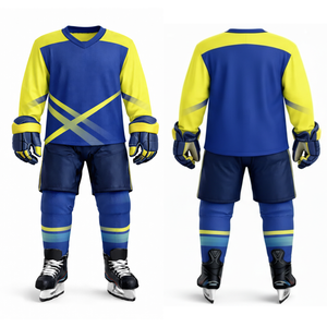 ชุดฮอกกี้น้ำแข็งสีน้ำเงินรอยัลและสีเหลือง - ออกแบบโลโก้ชุดกีฬาของคุณเอง เสื้อเจอร์ซีย์ลายเส้นไขว้เรขาคณิต - Product Image 3