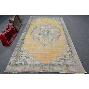 Tapis vintage, grand tapis de 5,3 x 9,6 pieds, tapis en laine jaune et bleu - Product Image 1