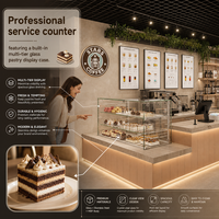 Comptoir de bar à café industriel avec vitrine à pâtisserie en verre et façade en cuivre rose, ensemble complet de mobilier de café pour l'hôtellerie-restauration