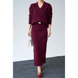 Burgundy V-Neck <b>Sweater</b> and Skirt <b>Set</b> - Product Image 4