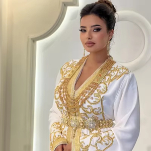 ผ้าไหมซาตินสีขาวลายโมร็อกโกผ้าซาตินพร้อมผ้าไหมปักลายด้วยหินสีทอง - Product Image 1