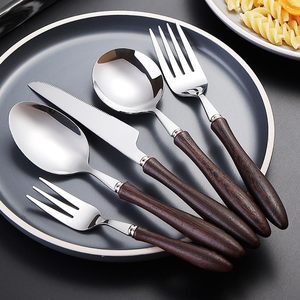 Cubiertos de acero inoxidable con acabado Chapado en Color plateado, cubiertos para el hogar, boda, fiesta, uso de mesa, juego de mango de madera de 5 - Product Image 1