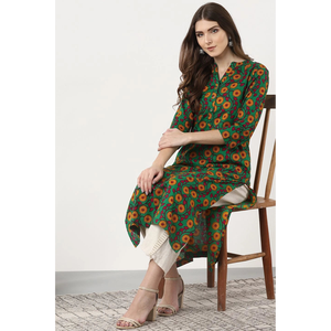 Women's Green Floral Printed Cotton A-Line <b>Kurta</b> Elegant Trendy Day <b>Dress</b> Custom Design Free Size Breathable Feature Retail - Product Image 1