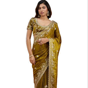 Dernier modèle de saree Dhwaja Export, style vintage, en soie satinée lourde, avec broderies, fils zari, motifs et bordures ajourées, Gujarat Party - Product Image 1