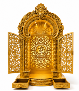 Mandir hindú Om dorado tallado a mano para hogares de lujo, santuario de madera de teca de lujo para sala de Pooja, templo tradicional de madera maciza con acabado dorado. - Product Image 3