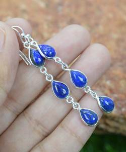 Boucles d'oreilles en argent sterling 925 avec lapis-lazuli bleu, bijoux en pierres précieuses faits à la main pour femmes - Product Image 6