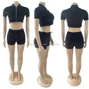 CUSTOM Rhinestoneโลโก้ฤดูร้อนเครื่องแต่งกายCropแขนสั้นZip Upกํามะหยี่ผู้หญิงJoggerกางเกงขาสั้น 2 ชิ้นชุดสตรี - Product Image 2