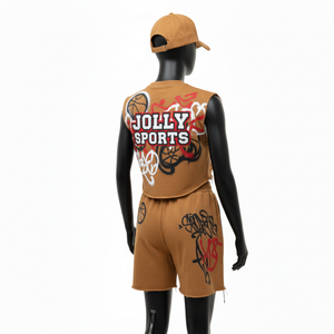 Ensemble t-shirt sans manches et short en molleton de coton premium pour femmes, 300 GSM, aspect vieilli marron, logo personnalisé, 100% coton, ensembles pour femmes - Product Image 5