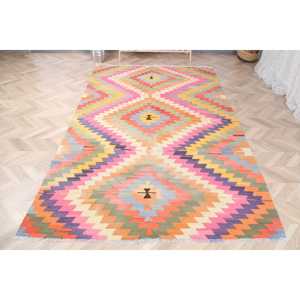 Turkish Vintage Large Rug 5.2x9.4 ft (160x288 cm), <b>Yellow</b> Patchwork Kilim Rug - Product Image 2