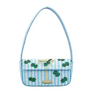 Pochette à main brodée classique faite à la main Dirty Martini avec perles |   Pochette de luxe en perles de rocaille rayées bleu clair |   Cocktail d'olives personnalisé - Product Image 1