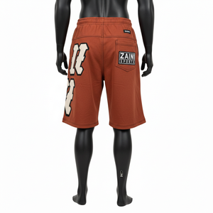 Shorts de basket-ball pour hommes en molleton de coton, couleur brun rouille, avec broderie de numéro et logo personnalisé, doux et épais, pour la salle de sport - Product Image 3