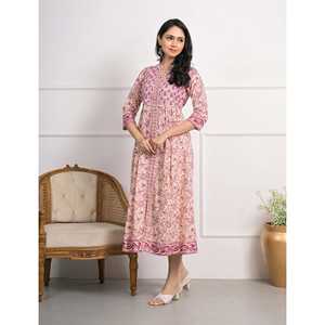 Robe en coton violette à manches longues, style Aline, imprimé crème - Product Image 3