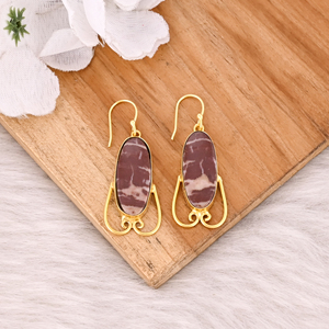 Pendientes Largos de Latón Chapado en Oro de Estilo Clásico Hechos a Mano con Piedra Preciosa de Jaspe Malinga, Pendientes Ovalados Largos, Fabricante Mayorista - Product Image 2