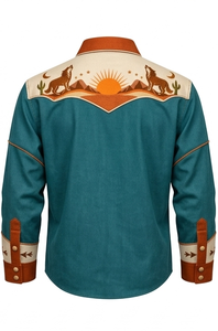 Chemise Western Cowboy Unisexe à Manches Longues Brodé Style Rodeo Boutonnée Vintage Décontractée Coupe Slim avec Passepoil Contrastant Personnalisable OEM - Product Image 2