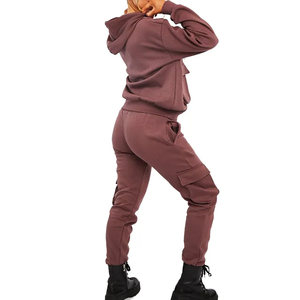 Sweat à capuche 360 g/m² respirant confort prune poche cargo et jogging survêtement fitness 2 pièces pour femmes tenues de sport - Product Image 4