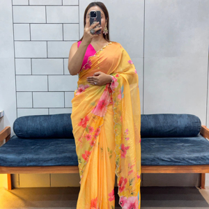 Soft Tabi Organza Saree Ethnique Élégant avec Miroir à Ombrage Floral Work Cut Dana Border Parfait pour toutes les Occasions Quatre Saisons - Product Image 1