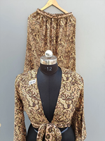 Top à manches cloche en crêpe de soie style vintage décontracté, très tendance, avec ensemble pyjama, haut cache-cœur pour femme, motif floral, robe de plage