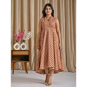 Vestido Asimétrico Estampado de Algodón Butti Rojo Beige, Personalizado, Casual, Elegante, para Oficina, Talla 5XL, Transpirable, Estiloso, para Fiestas Diurnas - Product Image 3