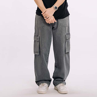 Jean en denim personnalisé, coupe droite et large, délavé, style streetwear vintage hiver, broderie hip-hop, imprimé à boutons, couleur unie