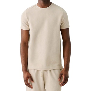 <b>Spark</b> Clothing Men's Beige Crew Neck Knitted T-Shirt Solid Color Casual Summer Wear Breathable Cotton Short Sleeve <b>Top</b> 300g - Product Image 1