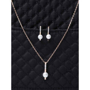 NOVAMART Fine 925 Sterling <b>Silver</b> Pearl Rose Pendant <b>Earring</b> <b>Chain</b> Set Gold Rhodium Plated for Swiss Zirconia Fine Jewelry Gift - Product Image 2