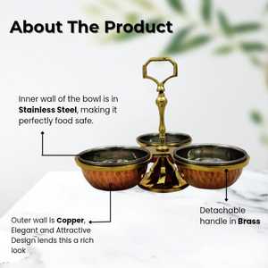 Wholesale Discounted Prices 3pc Bowls Set Handmade Steel Copper 3 Bowl Compartment Condiment <b>Pickle</b> Mouth Freshener Stand - Product Image 2