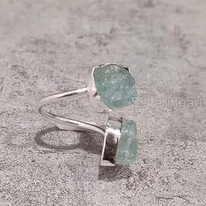 Rough Women's <b>Ring</b> Natural <b>Aquamarine</b> March Birthstone Double <b>Stone</b> Adjustable <b>Ring</b> Handmade Jewelry 925 Sterling Silver <b>Ring</b> - Product Image 1