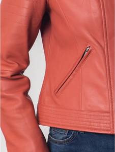 Chaqueta Bomber de Cuero Genuino Naranja para Mujer, Hombros Acolchados, Cierre Asimétrico, Forro de Algodón Transpirable para Invierno - Product Image 6