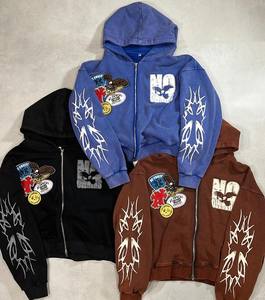 Sudadera con capucha personalizada, Jersey de algodón pesado de calidad con cremallera de doble vía, sudadera con apliques bordados desgastados - Product Image 1