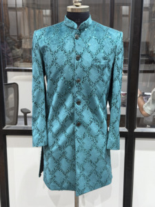 Sherwani de Luxe en Velours Teal Brodé de Paillettes pour Garçons, Tenue Indo-Occidentale d'Été/Hiver, Designer, pour Mariage et Fêtes, Bandhgala, ODM - Product Image 2
