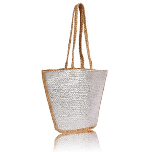 Silver Straw Jute Beach <b>Tote</b> Bag with Open Top and Shoulder Strap Medium Size for Women Shopping Outdoor & <b>Travel</b> Use - Product Image 2