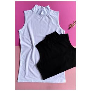 Maglietta lunga senza maniche in cotone di velluto a coste (2 pezzi) in bianco e nero Lycra senza maniche - Product Image 2