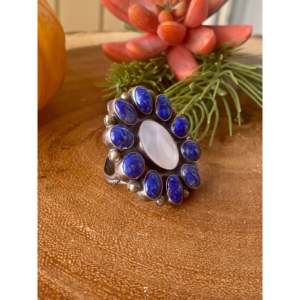Navajo Sterling Silver Cluster <b>Ring</b> with <b>Lapis</b> and Mother of Pearl Size 10.5 - Product Image 3