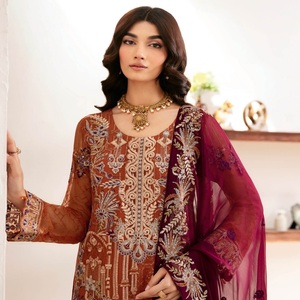 Ventes en gros de robes indiennes pakistanaises en mousseline de soie de marque Ramsha, 3 pièces, longues jusqu'au sol, pour les occasions spéciales - Product Image 5