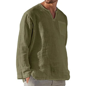 Camisas DE LINO DE PLAYA informales con cuello en V de manga larga para hombre, camisas de Jersey para hombre con ropa de calle de bolsillo - Product Image 4