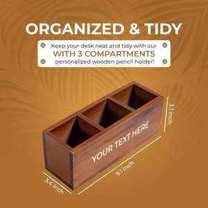 Organisateurs de bureau en bois pour la maison et l'école Porte-crayons en bois de taille parfaite avec 3 compartiments Nom personnalisé en bois - Product Image 4