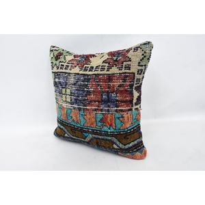 Coussin décoratif tissé multicolore vintage en laine Kantha brodée, écologique, antidérapant, amovible et lavable, 16x16 pouces - Product Image 4